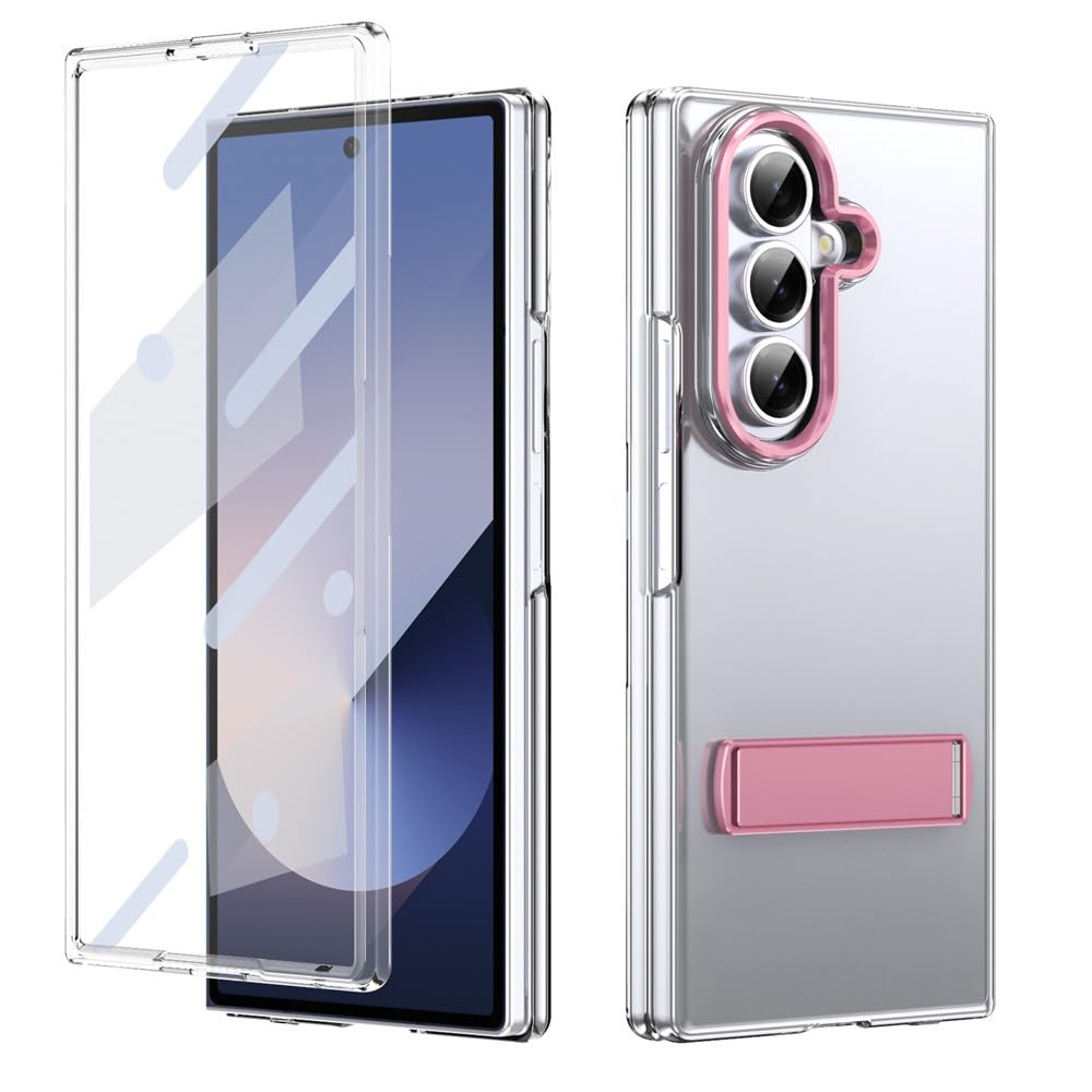 Generic Custodia compatibile con Samsung Galaxy Z Fold 6 (colore: rosa) antiurto in metallo trasparente supporto rigido flip case stand copertura dello schermo