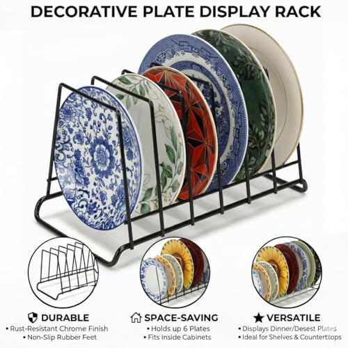 Image of Namani 6 Section Stainless Steel Plate Stand | Dish Organizer Rack for Kitchen Cabinet & Countertop | Rust Proof Plate Holder for Dishes, Thali & Lids