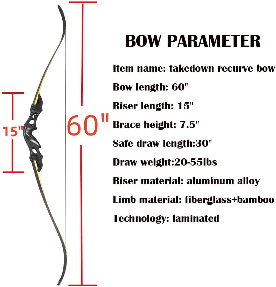 60 Inch Takedown Recurve Bow and Arrow Kit 20-55 Lbs Aluminum Alloy Riser Bow Outdoor Hunting Practice Shooting Competition Bow Right Hand