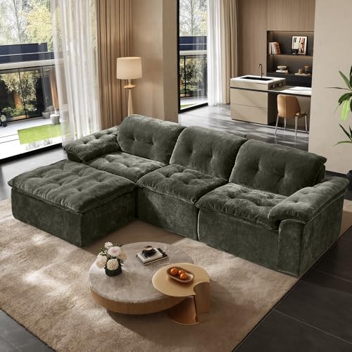 Image of 118 inch Oversized Modular Sectional Sofa, Large Modern Cloud Sectional Couch with Ottoman, Chenille 4 Seat Sofa Set, L-Shape Couch for Living Room, Apartments, No Assembly Required, Green