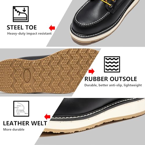 ROCKROOSTER Men's 6 Inch Black Steel Toe Leather Work Boots, Wedge Sole Safety Boots for Construction and Rough Work SAP2301-ST2