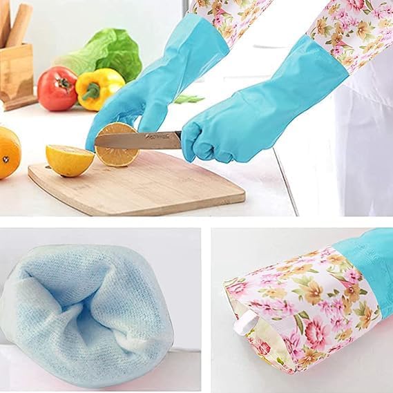 Image of GDNK Reusable Rubber Latex PVC Flock lined Long Sleeves elbow length Hand Gloves for Kitchen Dish-Washing, Cleaning Gloves (Pack of 2) (Silicon + Cotton (Multicolor))