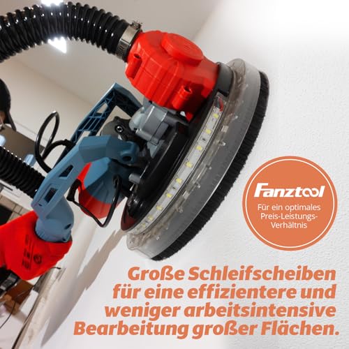FANZTOOL Trockenbauschleifer 750W mit Integriertem Staubsauger, Ø 225 mm, bis 120° Neigbarer Schleifkopf,1,9m Teleskopierbar,Wand & Deckenschleifer inkl. 12 Schleifscheiben & LED-Arbeitsleuchte