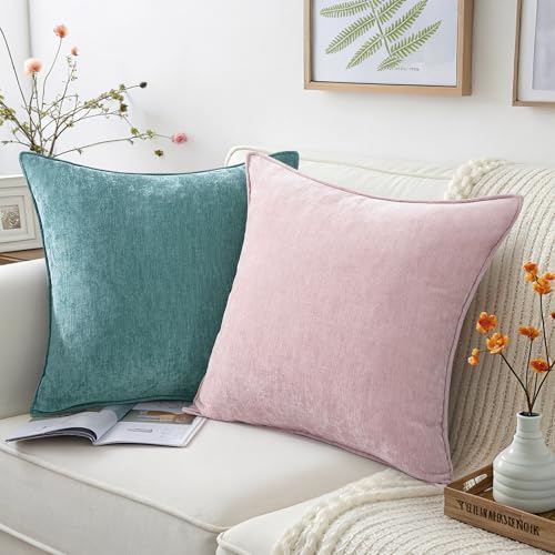 decorUhome Couch Throw Pillow Covers 18x18 Set of 2, Decorative Soft Euro Neutral Chenille Pillow Covers with Elegant Design for Sofa Bed Living Room Home Decor, Teal