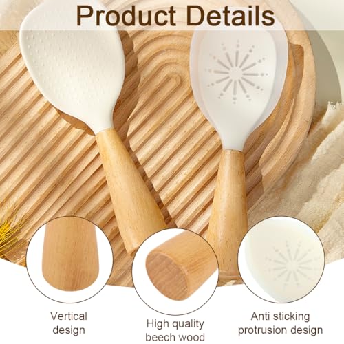 Image of Supvox Non-Stick Rice Paddles, Set of 2 Freestanding Wooden Handle Rice Paddle, Non-Abrasive & Heat Resistant Food Grade Silicone Rice Scoop, 8.3 inch