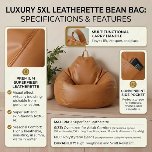 Image of KAM'S LIEU Bean Bag Chair with Footrest & Cushion | Pre-Filled Beans | PVC Leatherette Lounger Sofa | Indoor & Outdoor Bean Bag | 6 Months Warranty Size & Color- (TAN, XXXXXL, Premium)