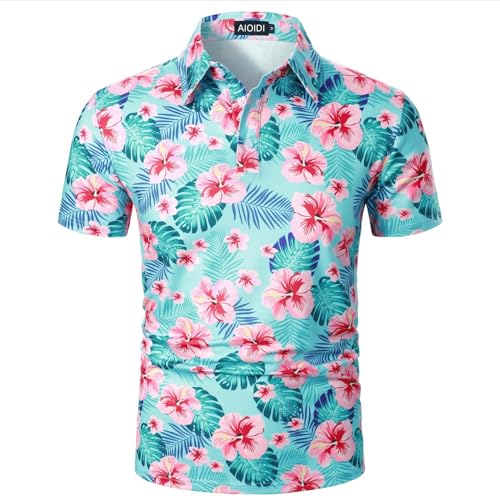 AIOIDI Polo hawaïen à manches courtes pour homme, imprimé classique, décontracté, doux, pour l'été, les vacances, la plage, motif floral bleu, M