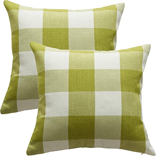 BlueCosto 2X Green/Beige Buffalo Plaid Decorative Square Linen Throw Pillow Covers Set Cushion Case for Sofa Couch Home Bed Car 18x18Inch 45x45cm