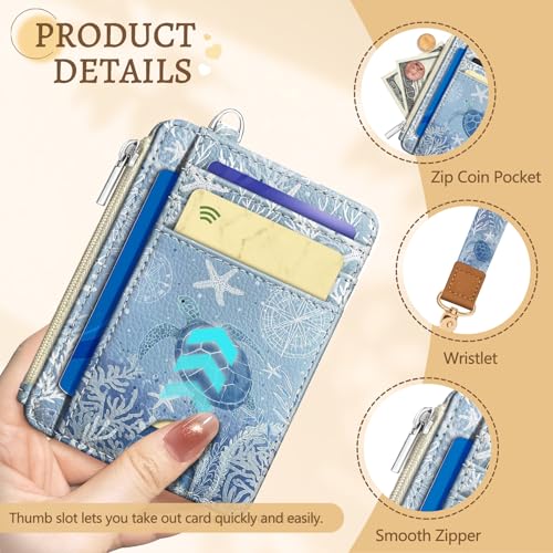 Image of Kelvoris Sea Turtle Slim Wallet Women Credit Card Holder, Ocean Small RFID | Keychain, Zipper Coin Pocket, Front Pocket Thin Travel Card Case, Minimalist, 6 Card Slots, 1 ID Window, Ladies Gifts Woman