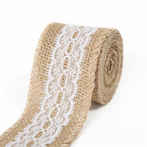 Telas Para Costura Cinta de arpillera de Yute Natural de 1-10 metros con adorno de encaje blanco, lino artesanal for embalaje de decoración del hogar de boda DIY(N0.11 Width 5cm,5Meters)