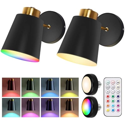 Battery Operated Wall Sconce, Wireless Wall Sconces Set of 2, 13 RGB Colors Dimmable Battery Powered Wall Lamp Fixture with Remote Control, Auto Timer Wall Lights for Living Room, Bedroom, Hallway