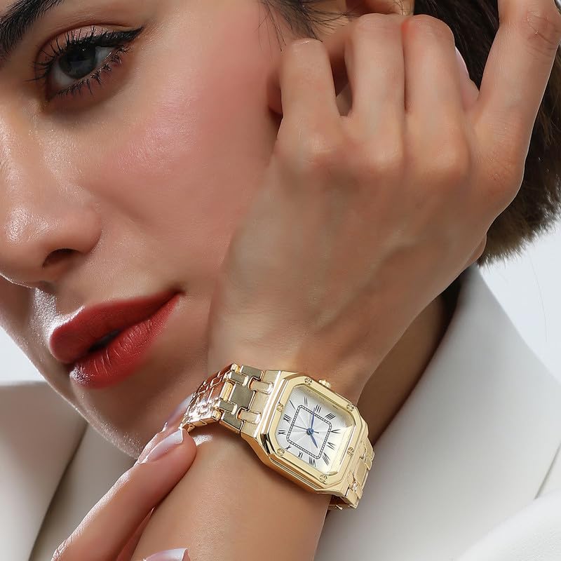 Image of Haute Sauce Women's The Torque Roman Square Watch | California Gold Stainless Steel Strap | Ivory White Dial | One-Size | Foldover Closure | Quartz | Analogue | Wrist Belt Watch for Female and Girls