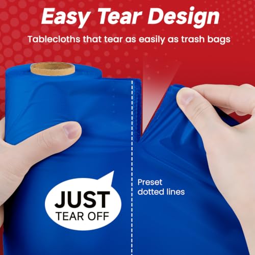 Image of Plastic Table Cloth, Tear Off 110 Ft X 54 In Plastic Table Cloth Disposable Premium Blue Tablecloth PEVA Plastic Table Cover Roll Tear Off 12 Pcs 54 inchx110 inch for Baby Shower, Themed Party, Gathering