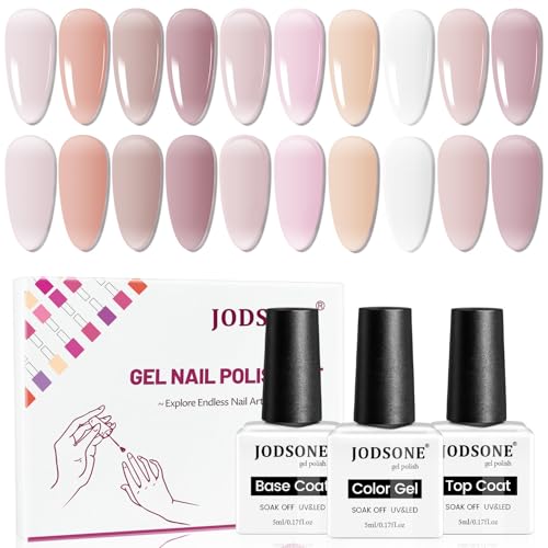JODSONE Juego de 12 esmaltes de uñas de gel con base coat, 10 colores, blanco, rosa, nude, gel de gelatina, perfecto para bricolaje de uñas en casa