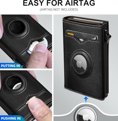 Image of miyozi Airtag Wallet for Men,with Cash Pocket 2 ID Window 9-12 Cards,Metal Case Smart Slim Pop Up Credit Card Holder Flip with Magnetic Closure RFID Blocking Trifold wallet with Gift Box
