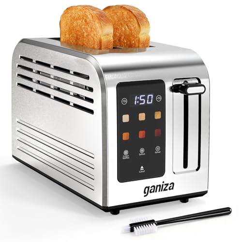 Ganiza Smart Toaster 2 Scheiben, Toaster Edelstahl mit Touchscreen, digitaler Timer, 6 Bräunungsstufen, breiter Schlitz, Auftauen/Aufwärmen/Abbrechen, +/-10s, Krümelschublade, 925 W