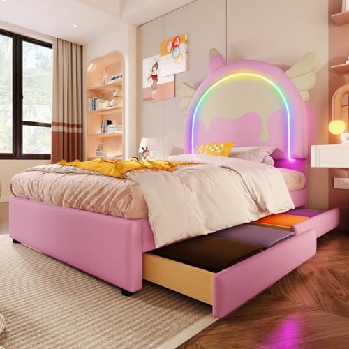 PUGSDRLY Lit Fille 90x200cm avec 2 Tiroirs,Lit Enfant avec Tête de lit en Forme de Licorne et Bande LED,Cadre avec Sommier à Lattes,Matière PU,sans Matela...