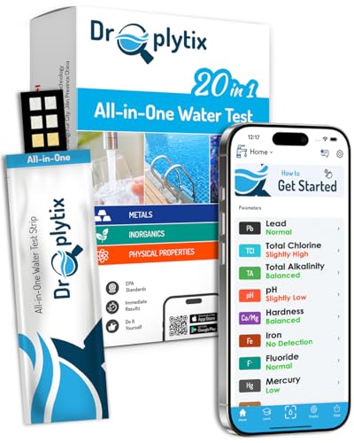 DROPLYTIX Mobile App Water Test Kit–20-in-1 Home Water Testing Strips, Pools, Hot Tubs, Aquarium, Drinking Water & Well Water Test for pH, Hardness, Lead, Iron, Chlorine, Nitrate, Fluoride, Mercury