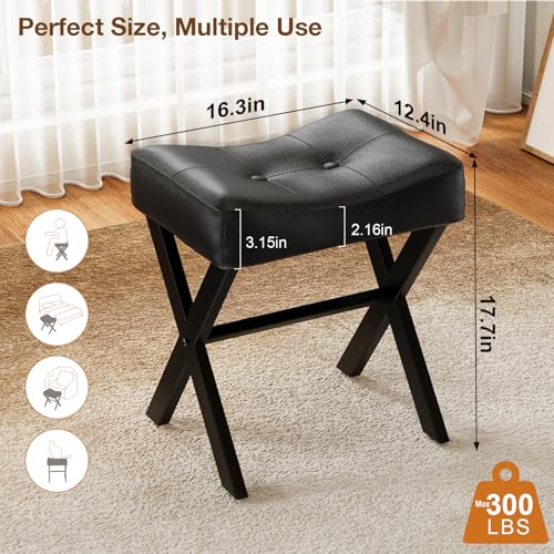Image of Memobarco 18-Inch Leather Vanity Stool Chair, Vanity Bench with Metal X-Leg, Ottoman Accent Stool with Thick Padded Saddle Seat, Black