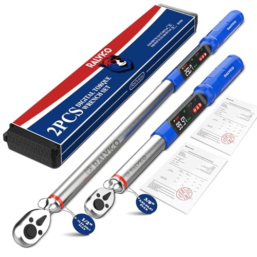 RALVICO Digital Torque Wrench 3/8 & 1/2 Drive 5.02-99.57 Ft. Lb (6.8-135 N.m) / 12.54-250.7 Ft. Lb (17-340 N.m) ±2% Accuracy Digital Torque Wrench Set with Buzzer and LED Flash for Bike, Moto, Car