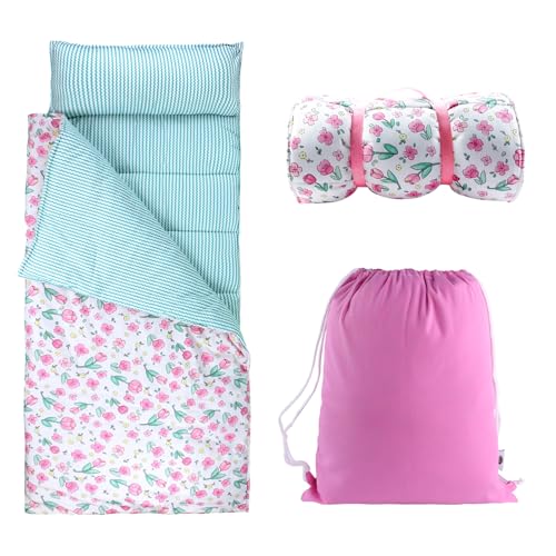 Image of Toddlers Nap Mat with Removable Pillow and Soft Blanket, Lightweight Daycare Preschool Kindergarten Sleeping Bag, Travel Slumber for Kids Girls Boys (Pink Flowers)