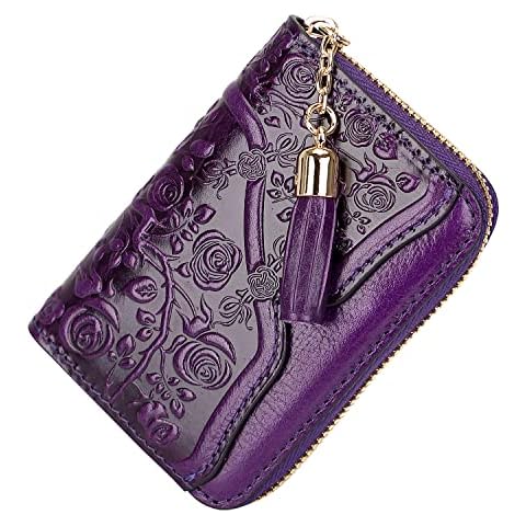 PIJUSHI Genuine Leather Credit Card Holder for Women Designer Floral Card Case Wallet with Tassel(20095 Purple) Cover