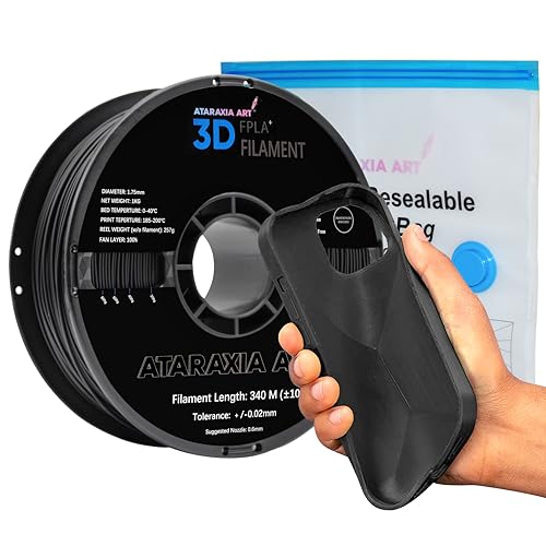 Image of ATARAXIA ART Flexible PLA Filament 1.75mm,Flexible 3D Printer PLA 1Kg /2.2lb Spool 5X Longer Stretch,Easy Than TPU Extruder,89A Shore Hardness,±.03mm Patent Formula,Filament Storage Bag, FPLA Black