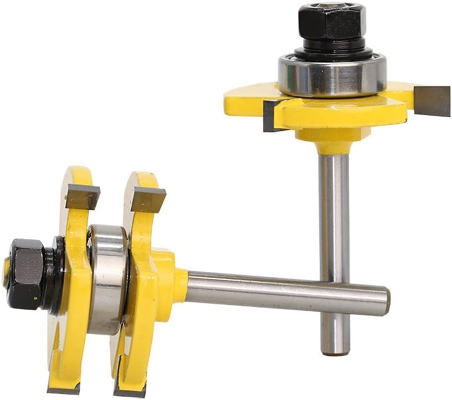 2Pcs Tongue and Groove Router Bit Set, Adjustable 3 Teeth T Shape Wood Milling Saw Cutter, New Woodworking Tools for Flooring Cabinet Doors (1/4" Height x 1/4" Depth x 1/4" Shank)