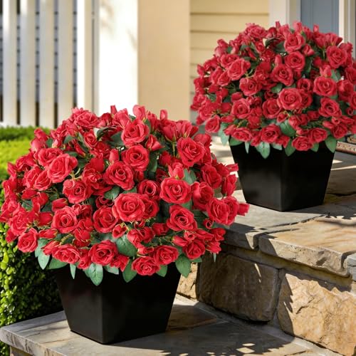 Juxdp 16 Bundles 17" Artificial Silk Rose Bouquet for Front Door Decor(Red)