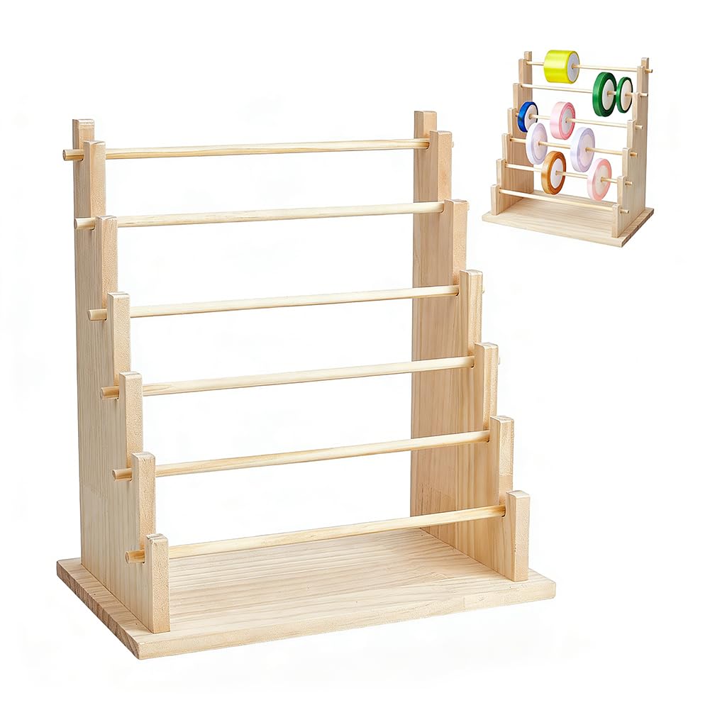 NBEADS 6-Tier Wooden Ribbons Organizer Rack, 19.9x31.6x35.5cm Large Capacity Ribbon Holder Ribbon Spool Stand Wooden Sewing Organizer Display Shelf for Sewing Craft Gift Florist Wrapping