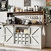 4ever2buy Farmhouse Coffee Bar Cabinet with 8 Hooks 55 Kitchen Hutch Cabinet with Storage White Coffee Bar with Sliding Barn Doors Wine Bar Cabinet with 12 Racks for Living Dining Room