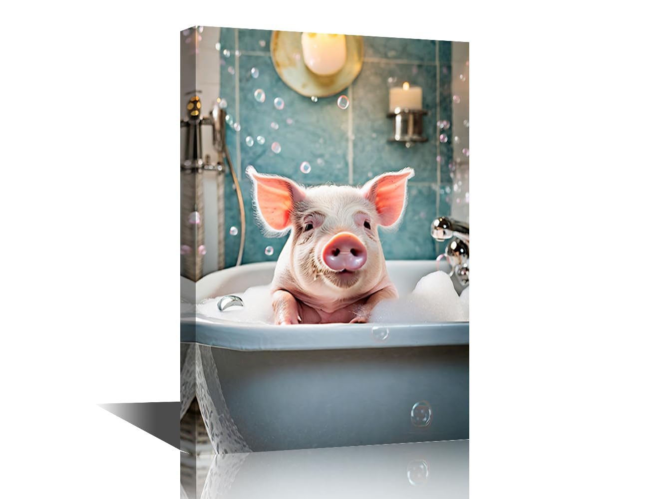 Cute Pink Pig Canvas Wall Art Pig Bath in White Tub Pictures Contemporary Artwork Posters Print On Canvas Animal Wall Art for Living Room Framed Ready to Hang (24''Wx 36''H)