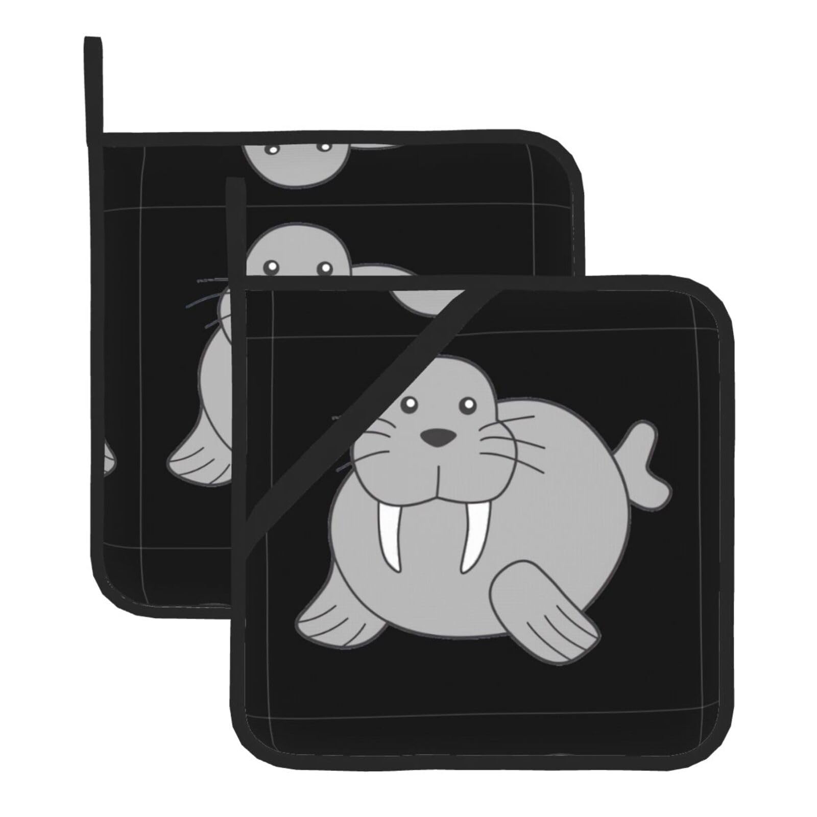 Hjfczh Black Walrus Prints Square Hot Pads Set Of 2 - Waterproof Kitchen Covers For Pots & Pans, Heat Resistant Layers With Hanging Loop - Great For Oven & Bbq