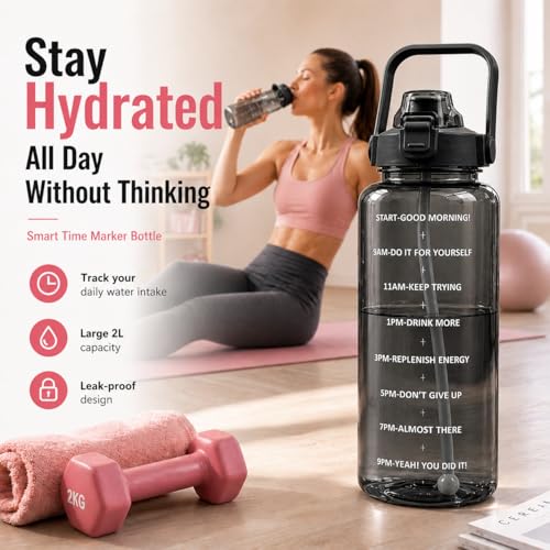 Image of DFIT 2L Transparent Motivational Water Bottle with Motivational Quotes, Time Marker, cute stickers, sippers, Leakproof Durable BPA Free Non-Toxic Plastic Bottle for Fitness, Gym (Black, Pack of 1)