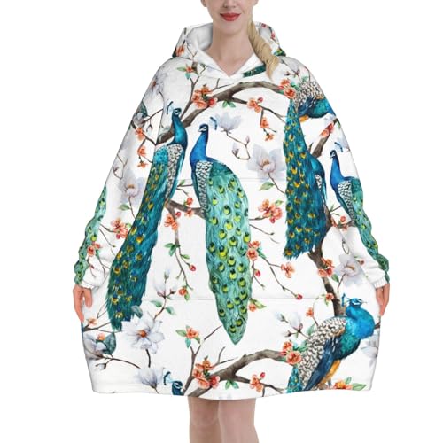Sweat à capuche couverture unisexe en flanelle imprimé fleurs de paon
