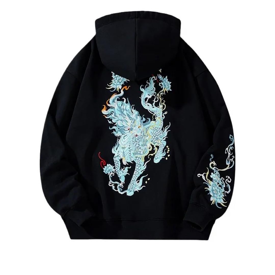 Felpe con cappuccio da uomo con ricamo drago, stile hip hop, streetwear, felpa con cappuccio in cotone felpato