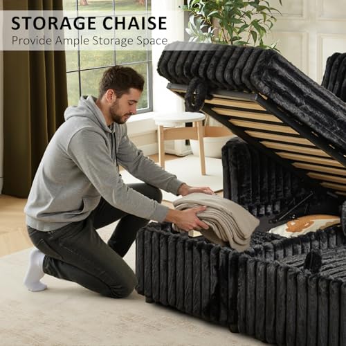 Image of KCGKCG 81 inch Sleeper Sofa Bed with Storage Chaise & USB Charging, Plush Corduroy L-Shaped Pull Out Couch Bed, Sectional Couches for Living Room with Cup Holder, Side Pocket(Black)