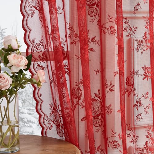 Red Lace Curtains 63 Inch Length 2 Panels Set for