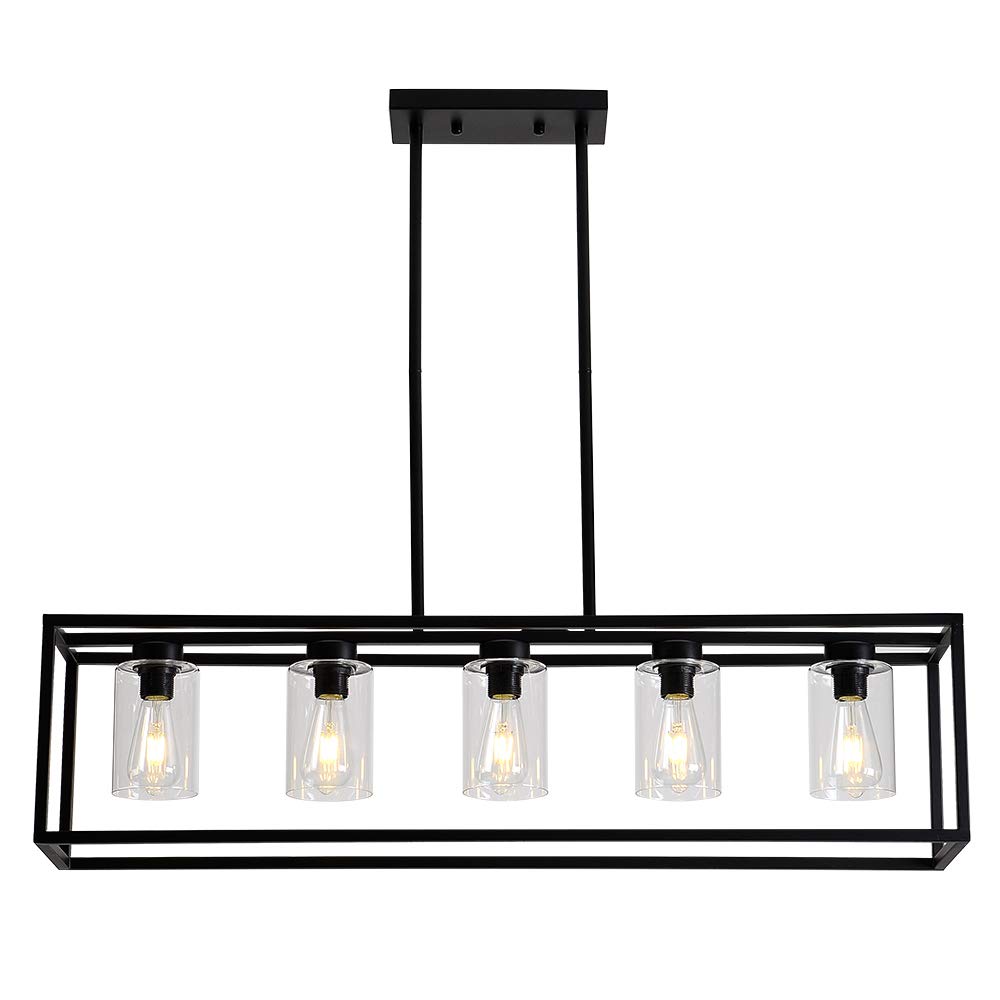 5 Lights Black Dining Room Chandelier Hanging Light Fixture Modern Kitchen Island Linear Lighting Farmhouse Chandelier with Clear Glass Shade for Bar Restaurant