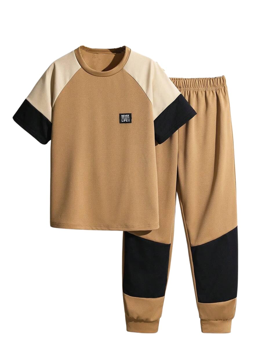 Axumity 6-12 Years Kid Boys Clothes Outfits Casual Crew Neck Colorblock Short Sleeve Top Fall Pants Set