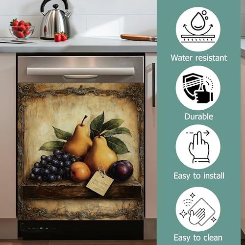 Image of Dishwasher Magnets Decorative Cover,Vintage Fruit Harvest Refrigerator Magnet Cover,Washable Farmhouse Dishwasher Front Panel Cover Home Kitchen Decoration 23x26 Inch