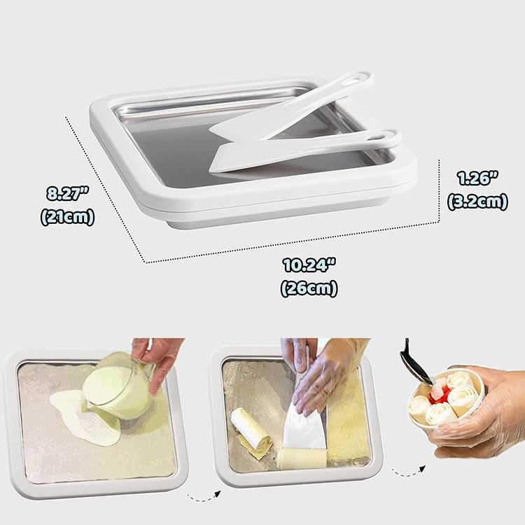 Rolled Ice Cream Maker with 2 Spatulas - Instant Ice Cream Maker Pan for Homemade Sorbet, Frozen Yogurt and Gelato - Rectangular Cold Plate for Kids & Family DIY Fun, White