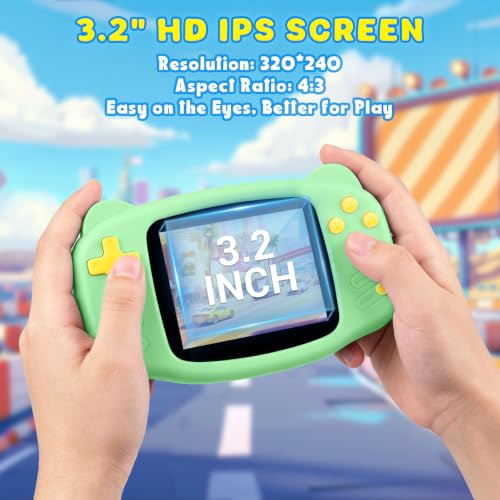Image of Portable 16 Bit Handheld Game Console for Kids, Retro Gaming Console with 300 Classic Video Games, Handheld Plug & Play Player with 3.2'' IPS Screen, Rechargeable Travel Gift for Boys & Girls (Green)