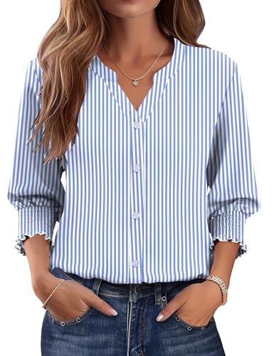 LOMON Business Casual Outfits for Women 3/4 Sleeve V Neck Lightweight Tops & Blouses 2026 Spring Tops for Women Blue Stripes