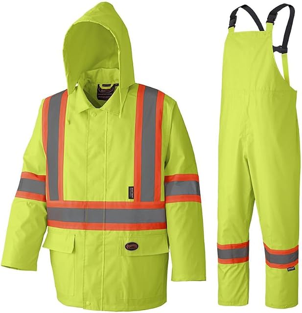Pioneer Hi Vis Waterproof Heavy Duty Rainsuit - Hooded Rain Jacket and Bib Pants - 210D Oxford Poly/PVC