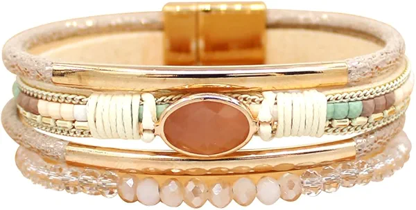 P Ammy Fashion® Leather Wrap Bracelets Crystal Beads Bracelet Boho Cuff Stone Charm Bracelets with Clasp Stackable Jewelry for Women