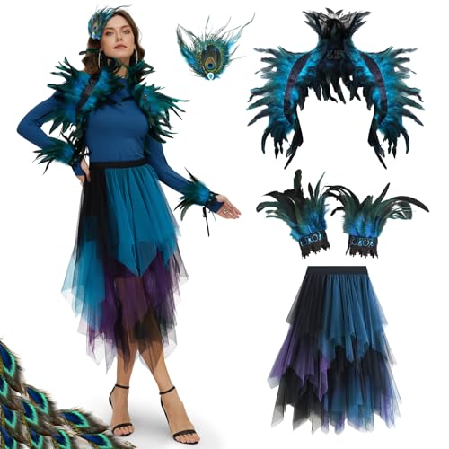Ulikey Pfau Kostüm Damen Blau Grün Pfau Tüllrock Feder Cape Kopfschmuck Feder Manschette Handgelenk Armband Karneval Paradiesvogel Rock für Fasching Cosplay Karneval Mottoparty (Pfau)