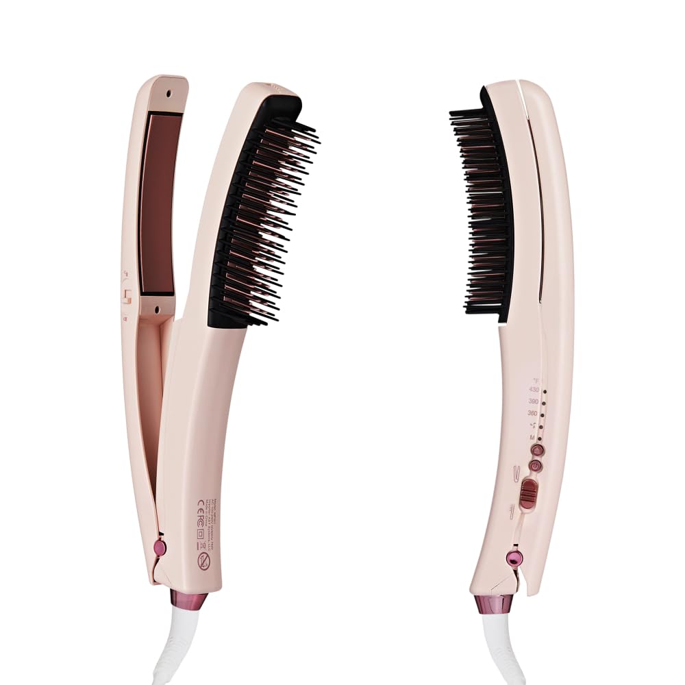 Flat Iron Hair Straightener Brush, 2 in 1 Flat Iron Hot Comb with Ceramic Plates & 3 Heat Settings, Dual Voltage Shine Boosting Straightening Brush for Women, Anti-Frizz Smooth Waves & Curls