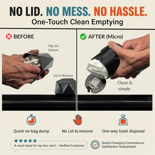 Image of Trash Trapper Car Trash Can Cup Holder | Micro Car Trash Can | Fits Flush in Most Cupholders | 3.5 inch x 3.5 inch | Traps More & Empties Less, Patent-Pending Compaction, Holds Small Garbage, Black /Black