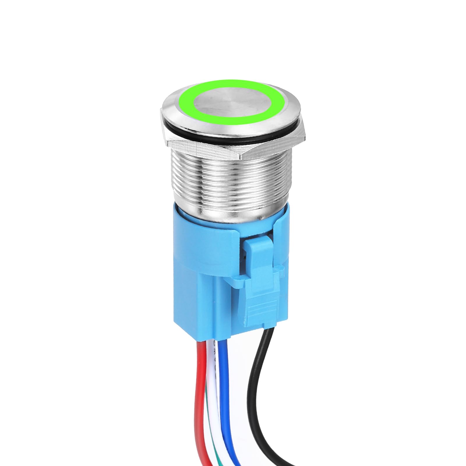 DMiotech 1 Pcs 7/8" Stainless steel Latching Push Button Switch 5Pin 1NO1NC 5A 12-24V Silver Flat Button Green Ring Lamp with Socket Plug with Wire for Car Boat Systems